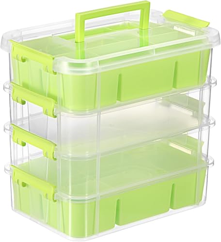 Image of plastic boxes for Storage transparent boxes for storage, Portable & Stackable Space Saving Organiser with Lid for Medicine, Jewelry, Arts & Crafts, Buttons, Beads (Green, 4 TIER WITH 2 TRAY)
