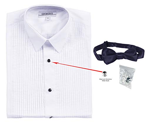 Gioberti Boy's White Tuxedo Dress Shirt, With Bow Tie And Metal Studs, White, Size 18 #TOP2
