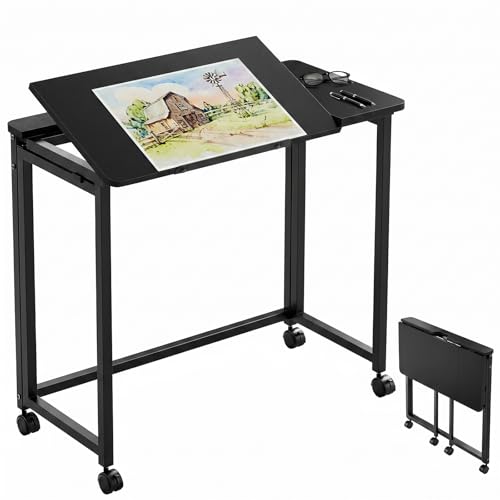 GreenForest Folding Desk with Wheels 31.5 Inch Adjustable Tilt Drafting Table Portable Rolling Foldable Desk for Small Space Home Office Drawing & Craft Workstation Black