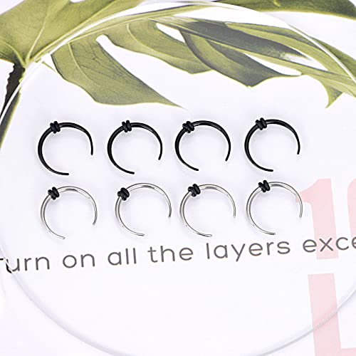 Qmcandy 8Pcs 14G Stainless Steel Black Silver Pinchers Septum Piercing Horseshoes Nose Rings Buffalo Taper With Black O-Rings, 00G #TOP1