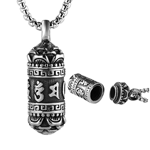 Tibetan Buddhist Meditation Stainless Steel Pendant Necklace,Cremation Ashes Pill Cylinder Container Necklace