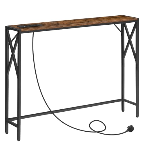 MAHANCRIS Console Table with Charging Station 100 CM Narrow Sofa Table Long Entryway Table Hallway Table with USB Ports Behind Couch Table with Power Outlets Rustic Brown ACTHR151KE01N1