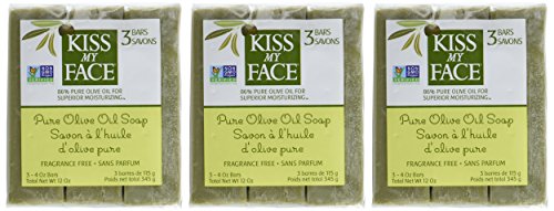 Kiss My Face Naked Pure Olive Oil Bar Soap, 4 Ounce, 3 Count (3 Pack)(Packaging may vary)