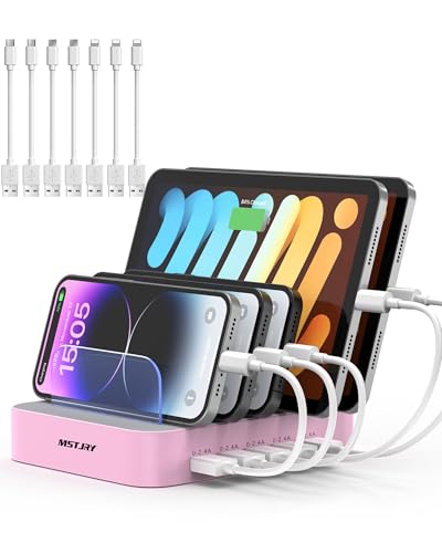 Image of MSTJRY Charging Station for Multiple Devices : 5 Port Multi USB-A Charger Stations Multi-Device Organizer Charging Dock Designed for iPhone iPad Cell Phone Tablets (7 Short Cables Included), Pink