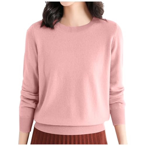 2025 - Camiseta de lana para mujer, cuello redondo, manga larga, camiseta de viaje/senderismo, suéter de punto para mujer, invierno, Rosa claro., XXL