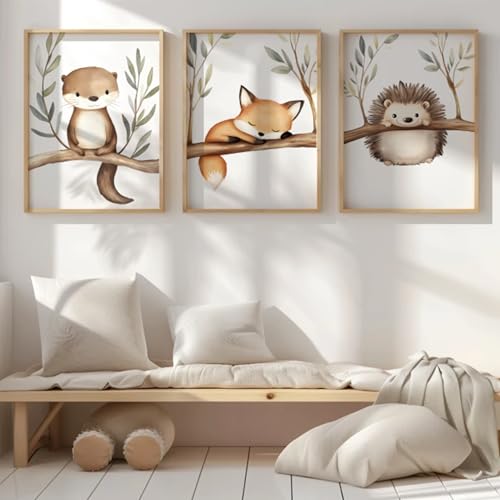 Generisch Waldtiere Poster Set Kinderzimmer – Otter, Fuchs & Igel Wandbilder – Babyzimmer Deko Mädchen & Jungen – Bilder Aquarell Tiere (DIN A4)