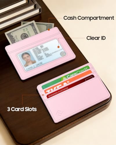 FINTIE Portfel z przednią kieszenią, etui na karty kredytowe blokujące RFID, etui na karty z okienkiem na dowód osobisty, dla mężczyzn i kobiet, różowy, Nowoczesny | Etui na karty z okienkiem na dowód osobisty dla mężczyzn i kobiet