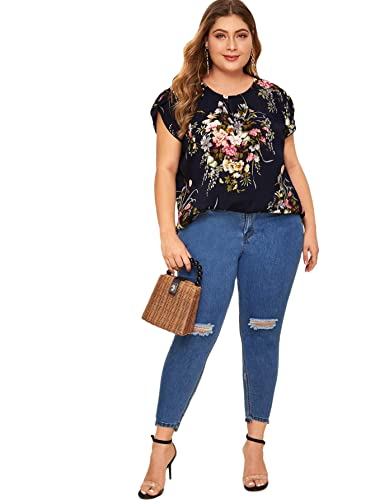 Floerns Women's Plus Size Floral Print Short Sleeve Summer Blouse Top Shirt Navy 4Xl #TOP4