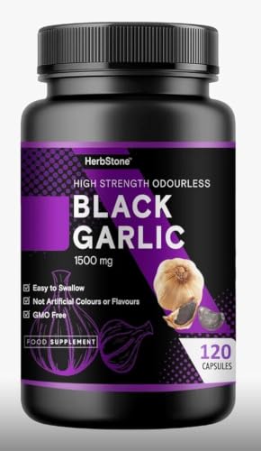 HERBSTONE Black Garlic Capsules 1500mg High Strength | 120 Odourless Vegetarian Capsules | Aged Black Garlic Extract Supplement | Supports Heart Health Cholesterol & Circulation | UK Formula