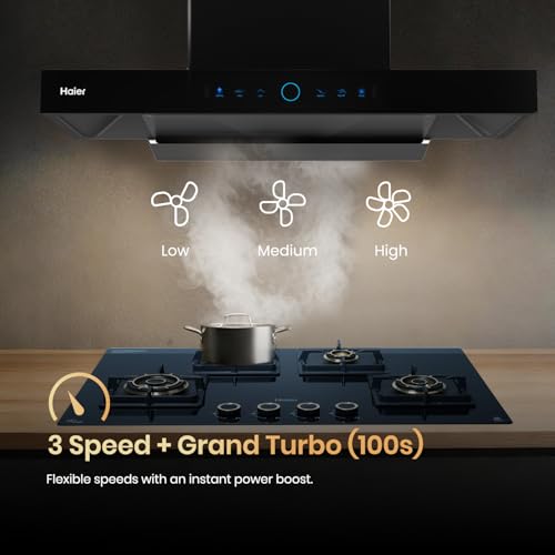 Image of Haier 90cm 2000 m3 /hr AI Smart T-Shape Chimney | Powerful 300W Motor & Digital Display | Easy Clean Pyramid Filter | 10 Yr Motor & 4 Yr Product Warranty | Free Installation & Pipe | Black | HIH-T5905