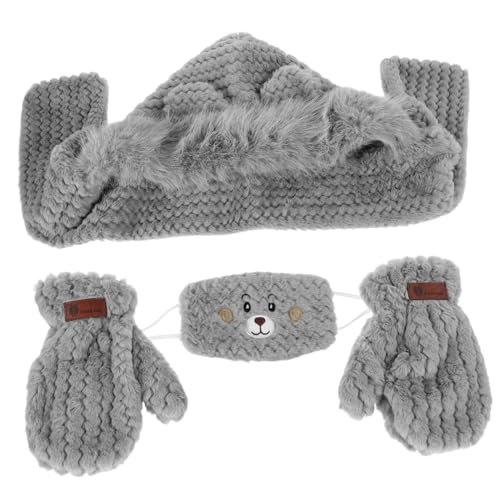1set Winter Warm Suit Women's Bear Ear Hat Scarf Set Windproof Gloves Warm Mask Cycling Accessory Fashionable for Outdoor Activities Grey
