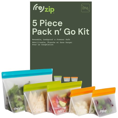 (re) zip 5-Piece Stand-Up Pack n Go Reusable Bag Kit, BPA-Free, Food Grade, Leakproof, Freezer and...