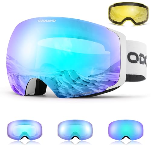 Odoland Magnetic Interchangeable Ski Goggles with 2 Lens, Large Spherical Frameless Snow Snowboard Goggles for Men Women, White Frame Blue Lens, photochromic Lens