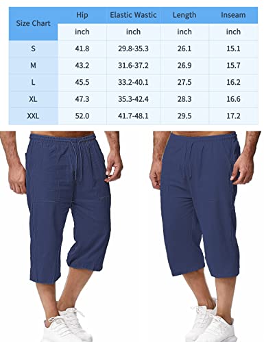 Mingzhu Men's Linen Shorts Below Knee Elastic Waist Drawstring Summer Capri Pant With Pockets(0101-Navy-Xl) #TOP6