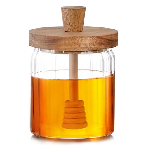 15oz Glass Honey Jar with Dipper Stick and Wooden Lid, Honey Pot with Wooden Dipper, Airtight Honey Containers with Dipper