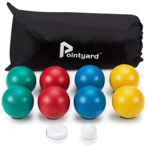Pointyard Bocce Ball Set, Lighter 84mm Bocci Ball Set with 8 PE Bocce Balls | 1 Pallino | Carry Bag | Measuring Tape - Outdoor Family Games for Backyard Lawn Beach (Red,Blue,Green,Yellow)