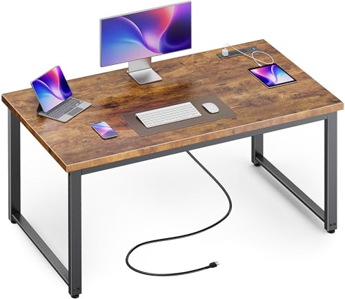 Huuger 48 x 24 inch Desk with Power Outlets & USB-C, Deeper & Thicker Desktop, Robust Metal Tubes, Computer Desk, Heavy Duty Office Desk, Work Gaming Desk for Home Office, Rustic Brown