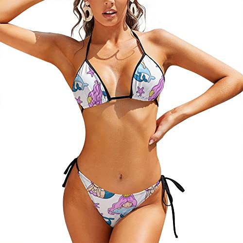 SMAZDFXX Conjunto de Bikini Triangular Acolchado para Mujer y niña, Traje de baño con diseño de Sirena, Estrella de mar y delfín, Ropa de Playa Talla S