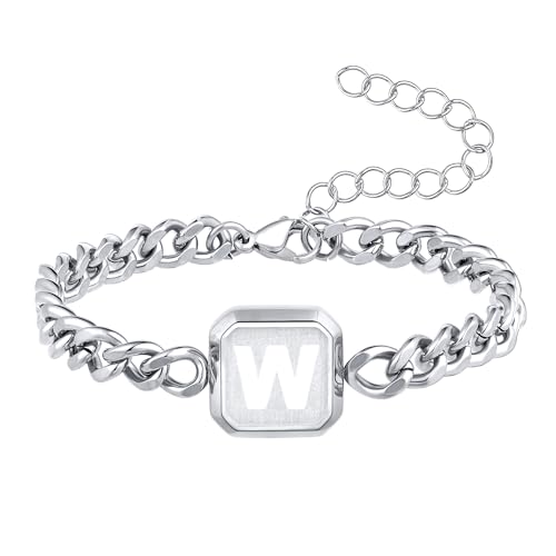 Image of Bellino Initial Bracelet Cuban Link Chain Mens Bracelets Jewelry Gifts | Initial Cuban Link Bracelet for Mens Bracelet Adjustable Size Stainless Steel Men Jewelry Birthday for him Dad Brother Son
