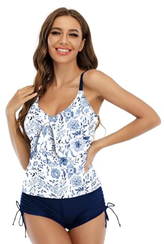 ECUPPER Womens Tankini Sets Two Pieces Swimsuit V Neck Swim Top and Shorts Bathing Suit Swimwear with Drawstring Navy Flower L
