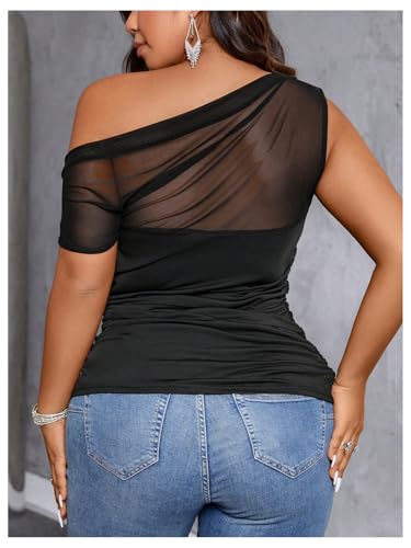 SOLY HUX Women's Plus Size Tops Sheer Mesh Off Shoulder Short Sleeve Ruched Tee Summer T Shirts2