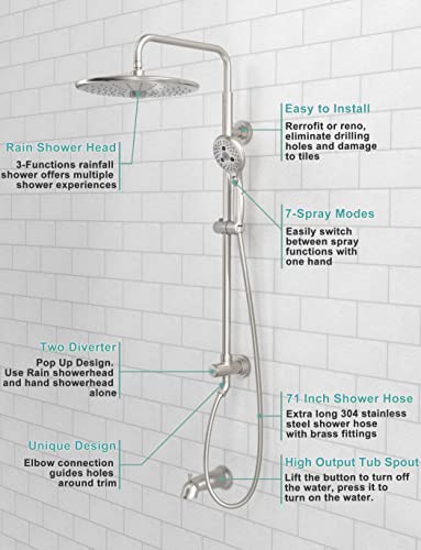 Image of SR SUN RISE Slide Bar Shower System Bathtub Faucet Set 10 Inch 3-Function Rain Shower Heads and Handheld Combo for Bathroom Single Handle Shower Fixture Valve and Trim kit, Brushed Nickel
