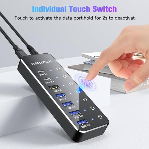 Image of RSHTECH 7-Port Powered USB 3.2 /USB C Hub with 10Gbps USB-A 3.2, 2 USB-C 3.2, 4 USB 3.0 Ports, Individual Touch Switches, 3.3ft Cable and 5V Power Adapter, USB Hub Splitter for Laptop /PC, RSH-ST07C