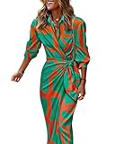 CHICME Women's Long Sleeve Midi Dress Casual Wrap Tied Detail Shirt Dresses Floral Print Fall Boho Long Dress Green-L