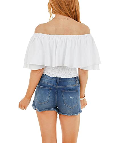 Trendy summer tops for women with ruffled off-shoulder design and smocked waist by Hibluco