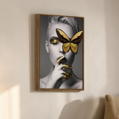 Image of Modern Abstract Portrait Framed Canvas Painting For Living Room | Butterfly Pop Wall Art For Livingroom Wall Decor, Home Decor, Bedroom, Hallway's, Office, Hotel - 43x58 cm