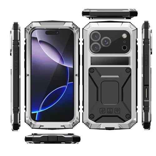 Coque iPhone 16 métal rigide argent haut de gamme avec béquille discrète