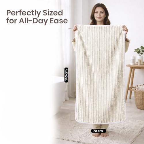 Image of MAXOSHINE Microfiber Towels for Bath-Stripes Bath Towel for Men and Women-Soft Coral Fleece Zero Twist Towel with Hook 400 GSM Quick Dry Super Absorbent-70 x 140 cm (1, Beige)