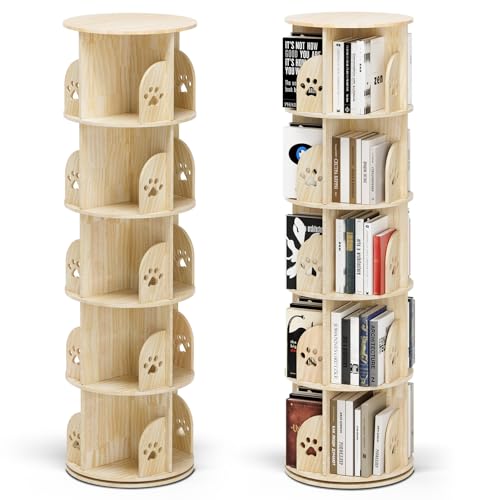 MINENICE Bibliothèque rotative à 360 °, étagère rotative à 5 étages en bois de pin naturel, étagères à monter librement, pied de plateau tournant...