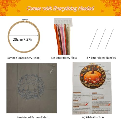Image of YOUDRN Pumpkin Embroidery Kit for Beginners, Embroidery Kits for Adults | DIY Hand Fall Embroidery Cross Stitch Starter Set with Pattern, Threads, Needles, Instruction, 20cm Hoop