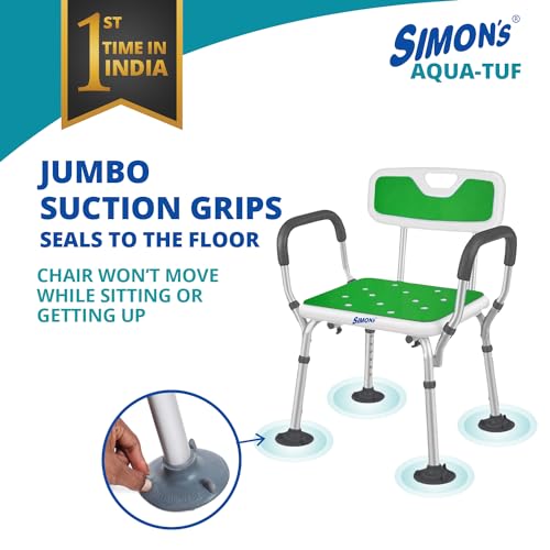 Image of Simon's Aqua-TUF Heavy-Duty Bath Chair for Elderly, Senior Citizens to sit and take Bath, Shower Bench with Jumbo Suction Grips Base | Height Adjustable & Tool-Free Assembly - Green - Pack of 1