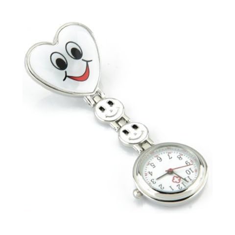 Gleader White Heart Quartz Movement Clip Nurse Brooch Fob Tunic Watch Smiley Face Cover