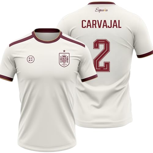Camiseta España 2026 2028 | Carvajal 2 Dorsal y Nombre | Color Blanco con Detalles Granate | Manga Corta | Diseño Futbol Aficionados | Tejido Transpirable Deportivo