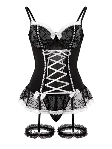 Image of Foxiny Sexy Mesh Corset Ruffle Lace Up Underwire Sheer Garter Belt Babydoll Lingerie Set With Thong 3 Piece Women