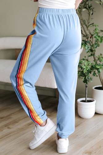 Women's Pink High Waist Sweatpants with Playful Rainbow Stripes3
