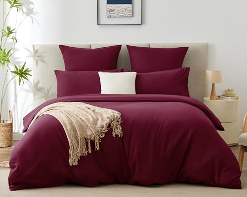 WAVVE Bettwäsche 140x200 3 teilig Weinrot Rot - Bettbezug 140 x 200 Set...