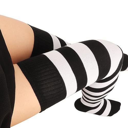 Image of AQOKKA Extra Long Thigh High Socks for Women Striped Over Knee Thigh Socks Long Boot Thigh High Stockings Leg Warmers