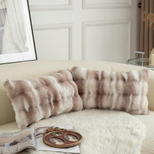 Image of MANDIOO Pack of 2 Thick Plush Wool Decorative Throw Pillow Covers Super Soft Wave Bubble Fur Velvet Cushion Covers Pillow Shams for Couch Bed Living Room 12x20 Inch White Taupe