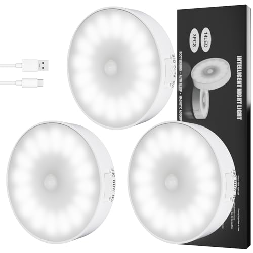 14 LEDs Motion Sensor Lights Indoor, 3 Pack Cordless Night Light Stick on Wall with Magnetic Base, USB Rechargeable Battery, Stair Lights, for Wardrobe,Cabinet,Stairs,Closet,Hallway