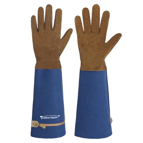 HANDLANDY Long Gardening Gloves for Men & Women, Pigskin Leather Rose Pruning Gloves, Breathable Thorn Proof Gauntlet Glove (Blue, S) Small (Pack of 1