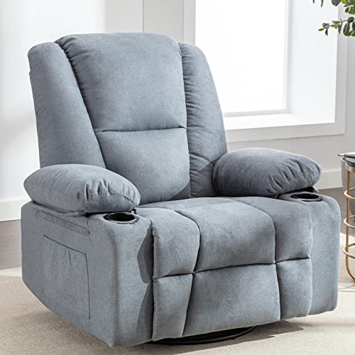 Image of INZOY Swivel Rocker Recliner Chair, Manual Nursery Rocking Recliner Chair with 2 Cup Holder, 360 Degree Swivel Glider Recliner, Soft Fabric Overstuffed Reclining Chair Home Theater Seat, Blue