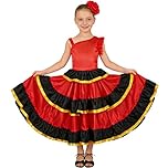 LOLANTA 3Pcs Girl Ruffle Tiered Flamenco Dress, Spanish Sevillana Style Dance Costume, with Red Flower and Folding Fan, 360 Degree, 5-6 Years, 120