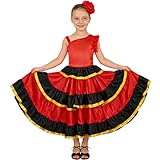 LOLANTA Vestido Flamenco con Volantes para Niña 3 Piezas, Estilo Sevillana, con Flor Roja y Abanico Plegable, 360 Grados, 7-8 años, 130