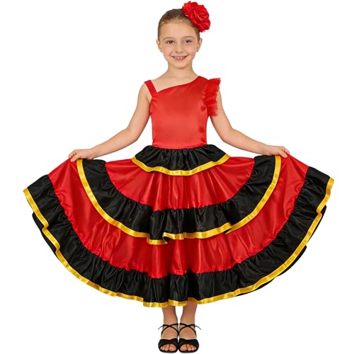 LOLANTA Robe Flamenco à Volants pour Fille, Style Sevillana Espagnol, avec Fleur Rouge et Éventail, 360 degrés, 5-6 Ans, 120