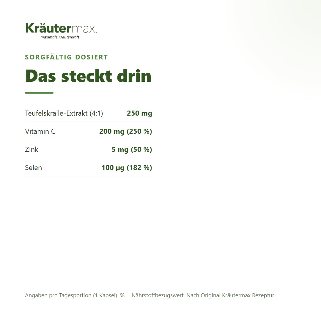 Kräutermax Teufelskralle Kapseln Hochdosiert, Afrikanische Teufelskralle mit Vitamin C, Zink & Selen, Natürlich, 60 Kapseln