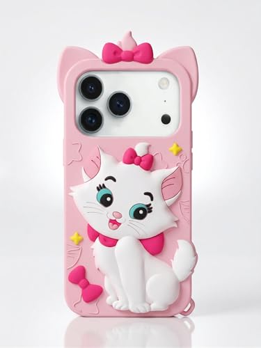 Image of amazon basics Luxury 3D Marie Cat Pink Silicone Case for iPhone 17 Pro Max | Cute Cartoon Soft Back Cover | Shockproof Kawaii Designer Cover for Girls & Women